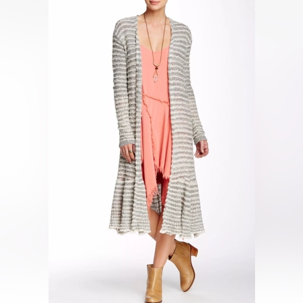Free People Grey Smile Like You Mean It Stripe Knit L Cardigan Duster OB461298 - Picture 3 of 14